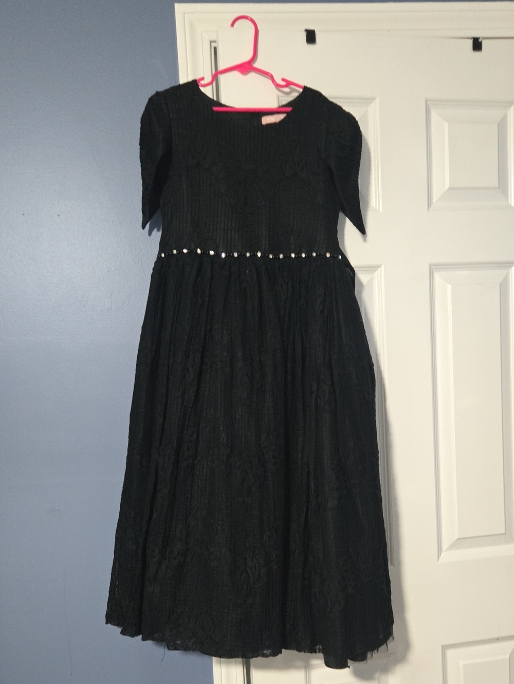 Pink Butterfly Girls Black Lace Midi Dress Jewel Waist